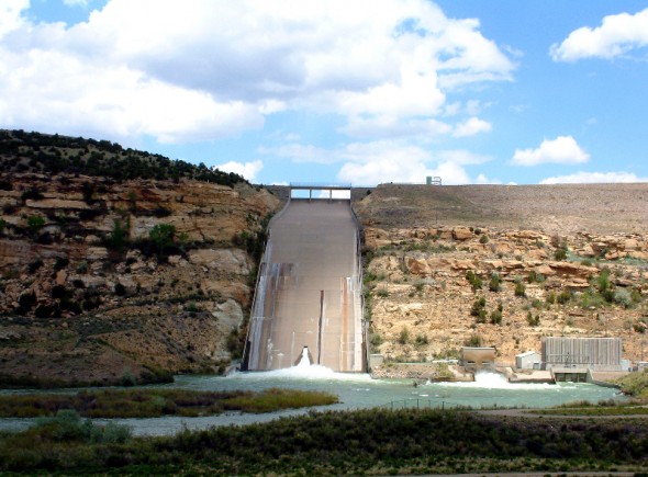 Navajo Dam releasing a high volume of water into the San Juan river. 