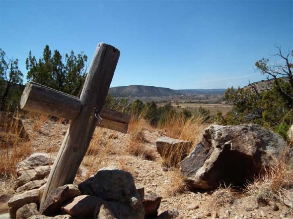 A cross erected upon the grounds of an old Spanish ruin at Villanueva State Park.