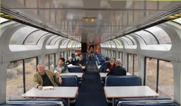 Interior view of an observation car on Amtrak's Southwest Chief line as it wends its way from Lamy to Las Vegas NM.