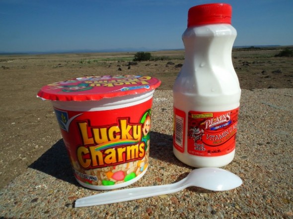 A single serving, to-go cup of Lucky Charms, a small, plastic bottle of milk  and a spoon on a picnic table.